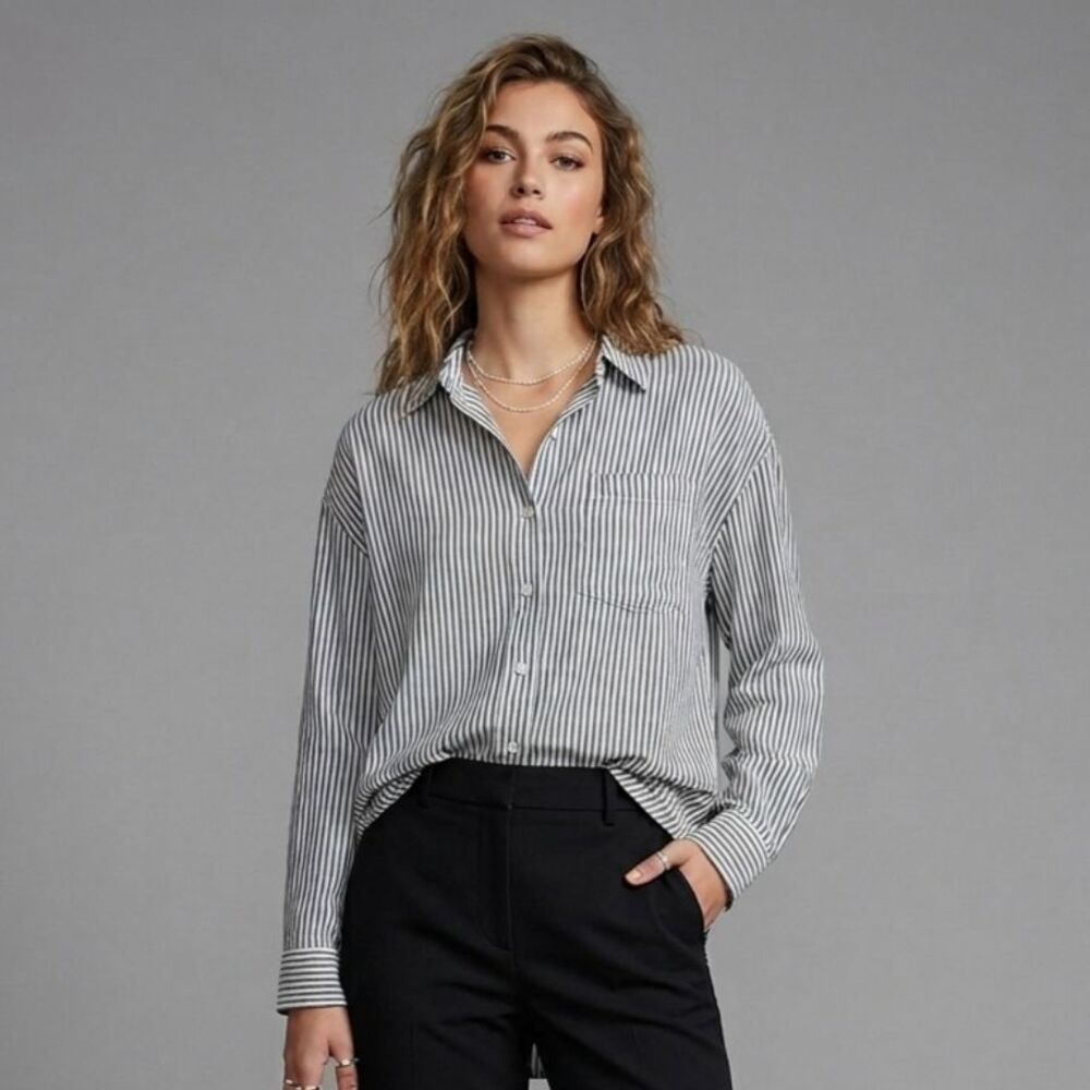 7 For All Mankind Striped Button Down Shirt Size S White Gray Career Minimalist